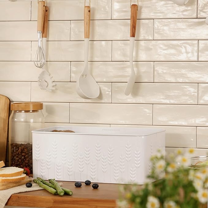 Large Bread Box for Kitchen Countertop Corner Breadbox for Homemade Bread Metal White Ear of Wheat Pattern Embossed Bread Storage Container Bin with Bamboo Lid