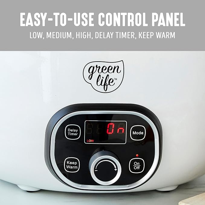 GreenLife 8QT Slow Cooker, Non-Toxic PFAS-Free Ceramic Nonstick Removable Interior Bowl, Programmable, Family Friendly, Keep Warm, Stovetop & Oven Safe, Dishwasher Safe Crock, Timer, Glass Lid, White
