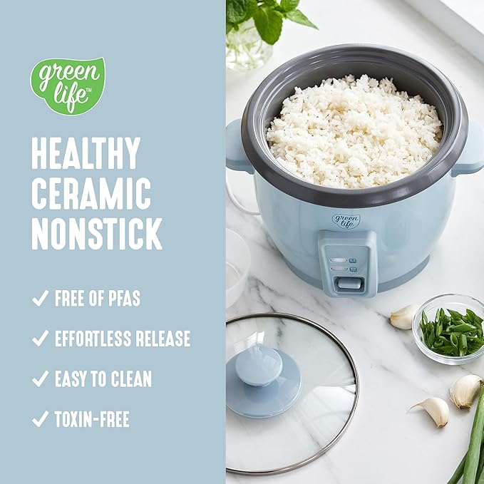 GreenLife Rice Cooker with Removable PFAS-Free Nonstick Pot, 3-Cups Uncooked/6-Cups Cooked, One-Switch Design, Auto Keep Warm Function, Soup, Grains, Oatmeal, Wood Handle, Blue