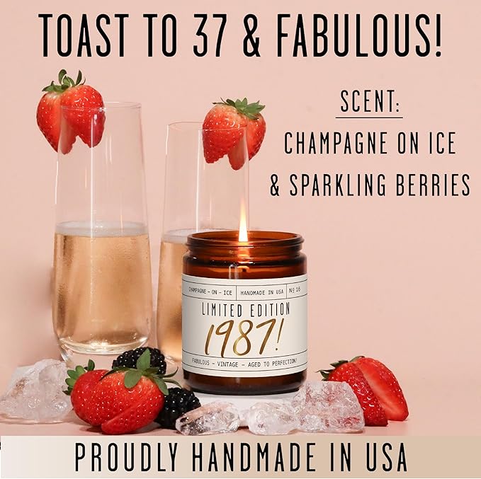 37th Birthday Gifts for Women - 'Limited Edition 1988' Soy Candle, w/Champagne on Ice I 37 Birthday Gifts for Women I 37th Gift for Her Ideas I 9oz Reusable Jar, 50Hr Burn, Made in USA