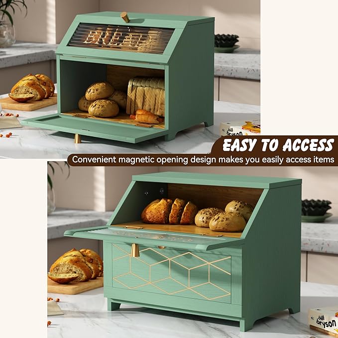 Double Layer Bread Box With Golden Trim for Countertop, Wooden Bread Container for Kitchen Counter, Corner Bread Storage (Green)