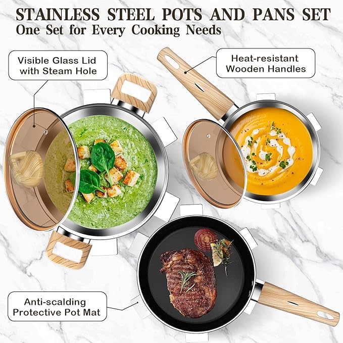 13-Piece Stainless Steel Cookware Set with Nonstick Frying Pans, Sauce Pots & Stock Pot, Heavy Duty Pots and Pans Set, Induction Cookware, Easy to Clean