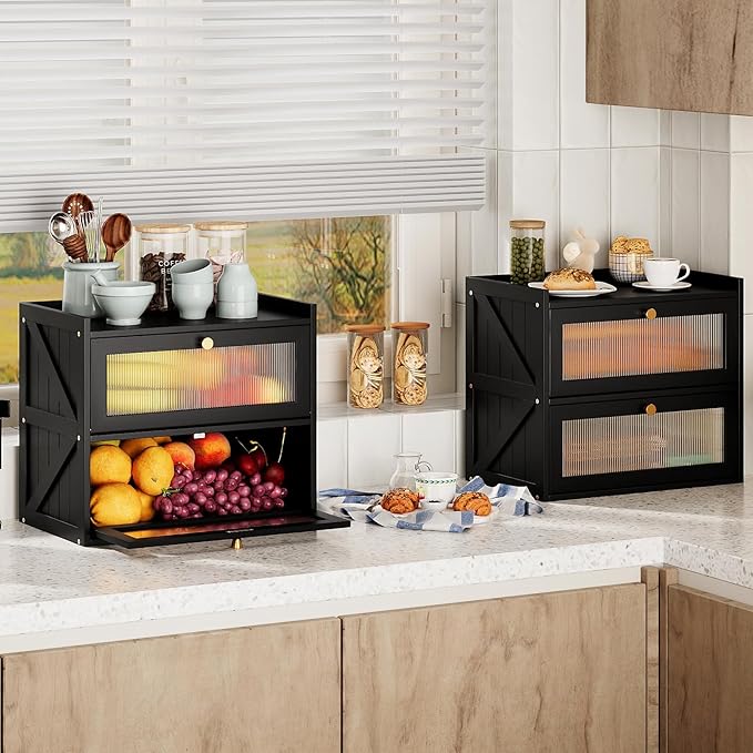 Double Layer Bread Box for Kitchen Counter Black Bread Storage Container with Acrylic Door Large Farmhouse Breadbox Organizer Bread Holder (Black)