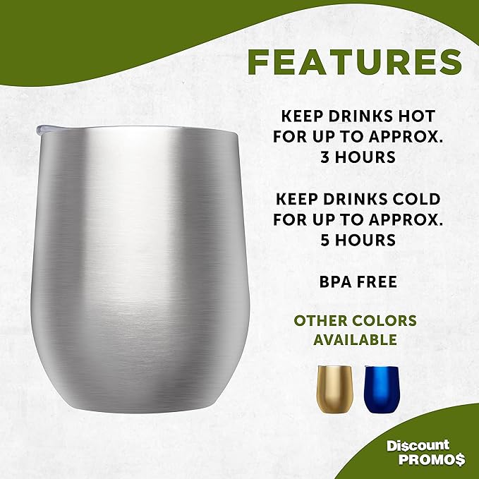DISCOUNT PROMOS Stemless Wine Glass Tumblers with Lids by Largo 11 oz. Set of 6, Bulk Pack - Perfect for Wine, Cocktails, Other Hot & Cold Beverages - Silver