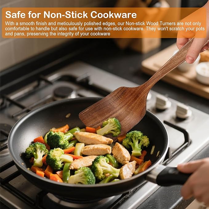 Wooden Spoons for Cooking, 4 Piece Natural Premium Teak Wooden Cooking Utensils Set, Heat Resistant Large Kitchen Wooden Spoons and Wooden Spatula for Nonstick Cookware Cooking Gifts