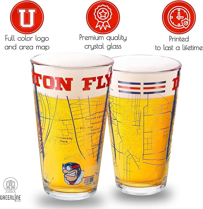 Greenline Goods – University of Dayton Flyers College Pint Beer Glasses (Set of 2), 16 oz – Full-Color Logo + Campus Map