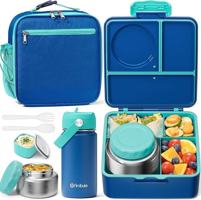 Fimibuke Kids Bento Lunch Box, Leakproof Toddler Bento Box with 8.5 OZ Insulated Food Jar, Lunch Bag, Kids Water Bottle, 3 or 4 Compartment Container for Back to School Toddler Girls Boys