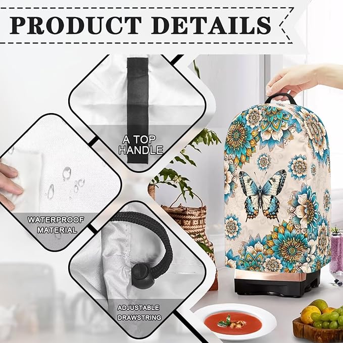 Floral Butterfly Blender Cover Dust Cover Appliance Dust Cover for Small Food Processor Coffee Maker Juice Maker with Top Handle Kitchen Decor Foldable
