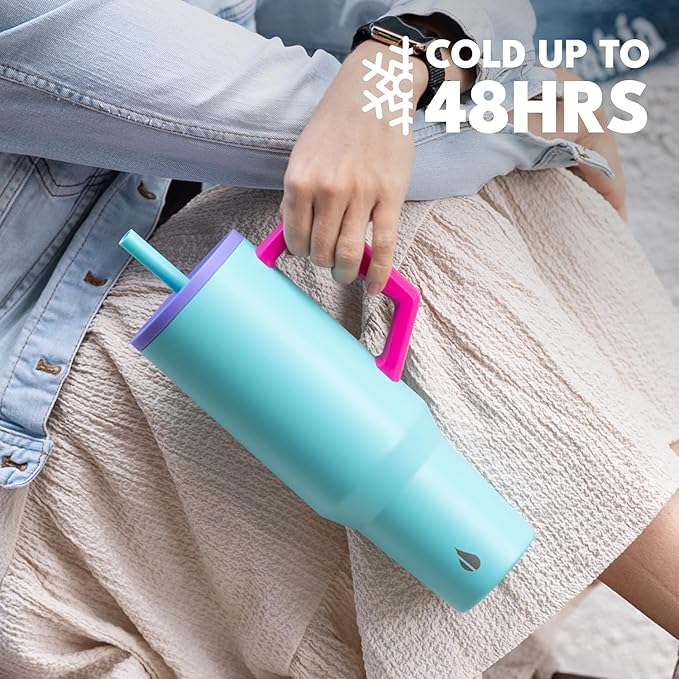 Elemental 40 oz Tumbler with Handle and Straw - Spill Proof Insulated Stainless Steel Commuter for Hot and Cold Beverages - Travel Coffee Mug with 2 Straws & Spill Proof Lid - 40oz - Blue Tie Dye