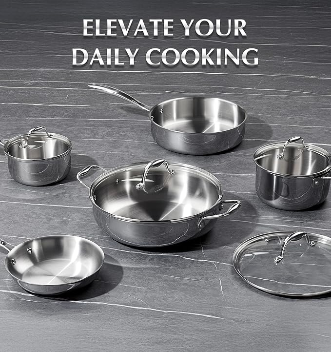 KOCH SYSTEME CS Tri-Ply Stainless Steel Cookware Set 10 Piece, Professional 18/10 Stianless Steel Pots and Pans Set, Oven & Induction Safe, Non-Toxic Kitchen Cookware Set for Family Cooking, 10pcs