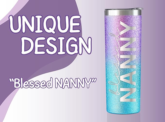 Onebttl Christian Grandma Gifts for Mother's Day, 20oz Purple & Blue Glitter Skinny Tumbler, Straw & Lid Included, Nanny Gifts - Blessed Nanny