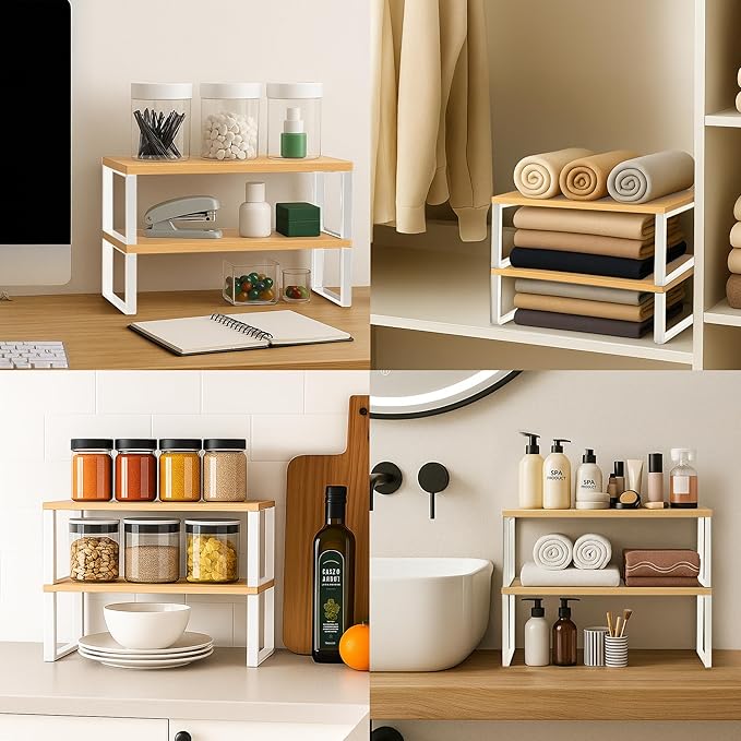 Sben Cabinet Organizer Shelf, Set of 2 Kitchen Counter Shelves, Kitchen Storage, Spice Rack, Stackable, Expandable, Metal and Engineered Wood, Cloud White and Natural Beige