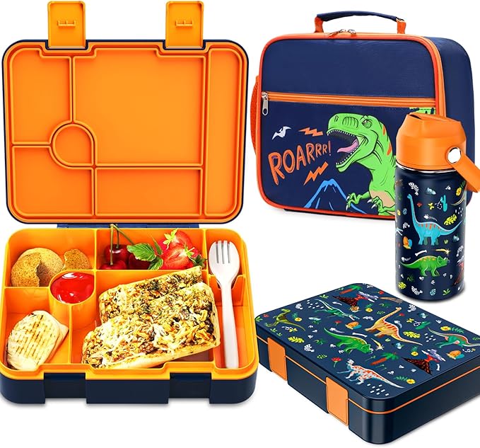 Bevalsa Kids Bento Lunch Box with 6 Compartment, Stainless Steel Metal Water Bottle, Insulated Bag & Utensils, BPA-Free Leakproof Food Container for School Boys Girls, Back To School Gift