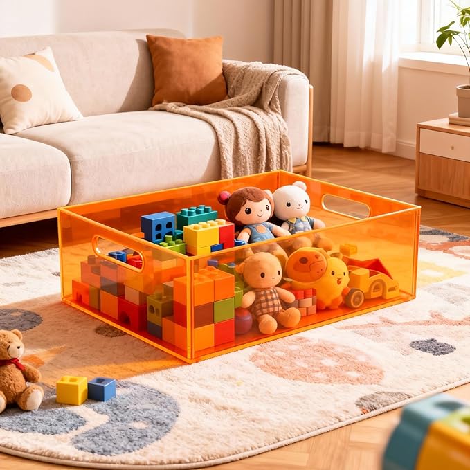 Large Storage Bin Acrylic Pantry Storage Container with Handles Kitchen Organizer Bin for Cabinet Cupboard Organization, Heavy Duty, 15.4 x 11.4 x 5.5'', Neon Orange