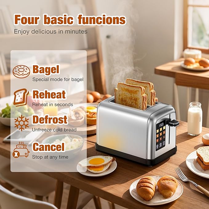 Touch Screen Toaster 2 Slice Stainless Steel Toaster with Digital Countdown Wide Slot LCD Display 2 Slice Toasters Smart Toasters 9 Shade Settings with Defrost/Bagel/Cancel Function