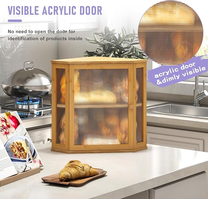 Corner Bread box for Kitchen Countertop,Farmhouse Bread Box with Acrylic Wavy Door Panel,Large Bread box for kitchen countertop,Kitchen Countertop Food Storage Container (Natural, Extra Large)