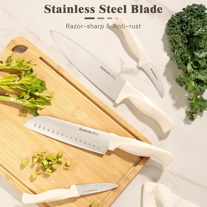 Knife Set, Astercook 22-Piece Kitchen Knife Set with Block & Built-in Sharpener, Ultra-Sharp High Carbon Stainless Steel Knives, Dishwasher Safe, Ergonomic Anti-slip Handle, Cream White