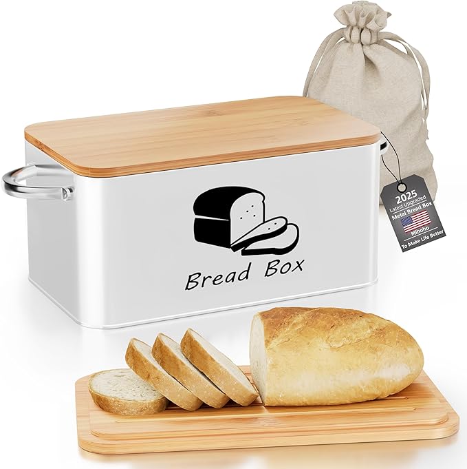 Metal Bread Box with Bamboo Cutting Board Lid, Bread Storage Container, Modern Kitchen Organizer for Sourdough, Buns, and Loaves (White)