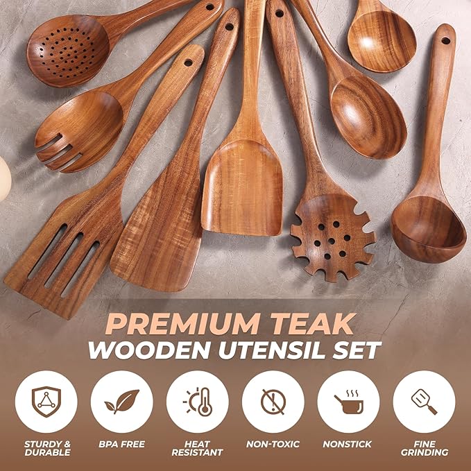 AIUHI Natural Teak Wood Kitchen Utensil Set, 9Pcs Wooden Spoons for Cooking, Cooking Utensils Set for Nonstick Cookware, Durable & Heat Resistant
