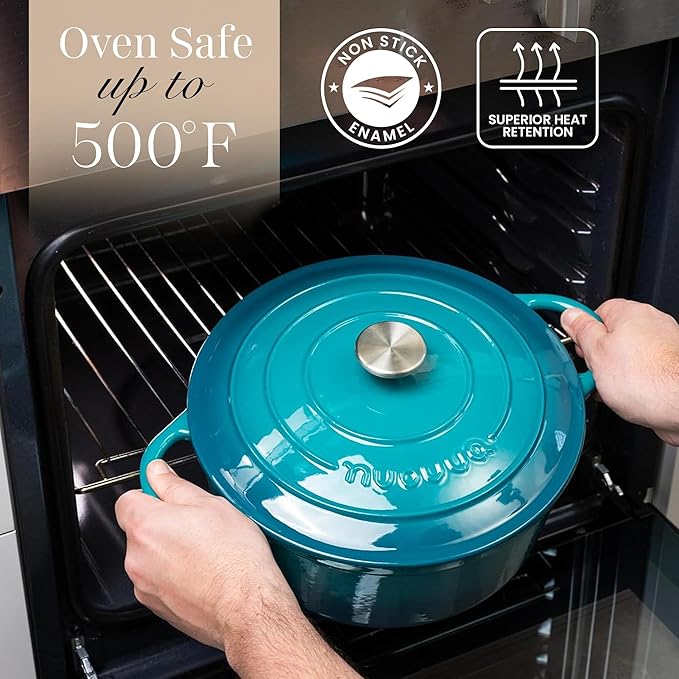 Nuovva Enamelled Cast Iron Dutch Oven Pot with Lid – 6.4 Quart Non Stick Casserole Pot – Heavy Duty & Oven Safe up to 500° F for Bread Baking, Braising, Stews, Roasting – 28cm Teal