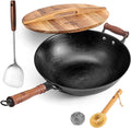 WANGYUANJI 12.6 Inch Iron Wok with Wooden Lid and Spatula, Flat Bottom Chinese Stir Fry Pan, Chemical-Free Uncoated Iron Wok for Induction, Gas and Electric Stoves