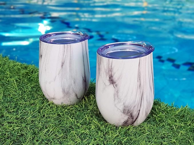 CHILLOUT LIFE 12 oz Stainless Steel Wine Tumblers 2 Pack - Double Wall Vacuum Insulated Wine Glasses Cups with Lids and Straws Set Keeping Cold & Hot for Coffee, Beer, Ice Cream - Carrara Marble