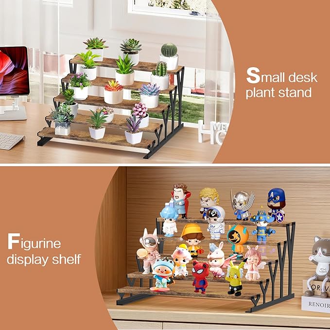 KALYLOC 5 Tier Wooden Display Riser Stand 13.8 Inch Metal Step Cologne Stand Perfume Organizer Tabletop Tiered Display Shelf Rack for Cupcake Spice Figures Cosmetics Candles (Brown, Y-Shape)