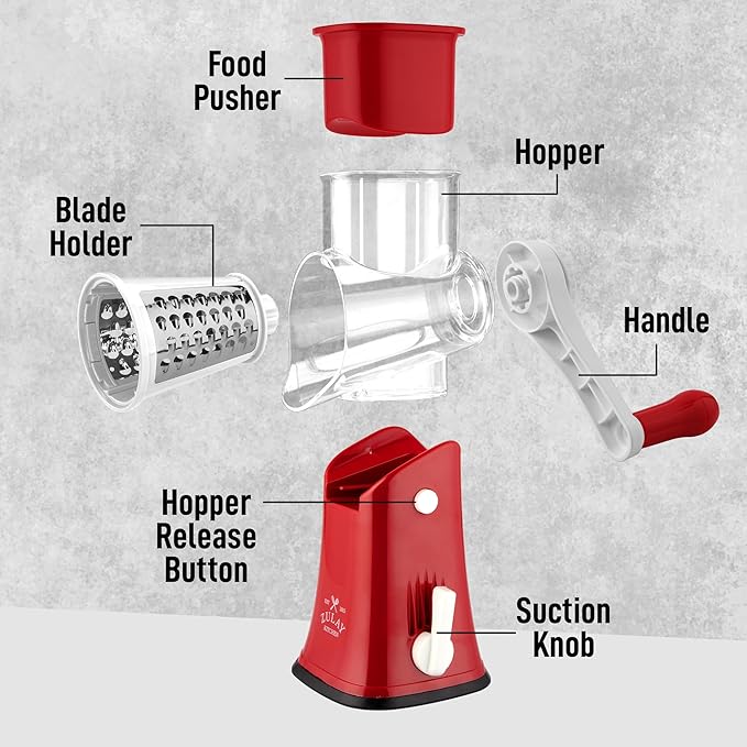 Zulay Kitchen Rotary Cheese Grater 5 Blade Cheese Shredder - Manual Hand Crank Cheese Grater With Reinforced Suction & 5 Interchangeable Drums - Easy to Use, Vegetable Chopper Round Mandoline Slicer