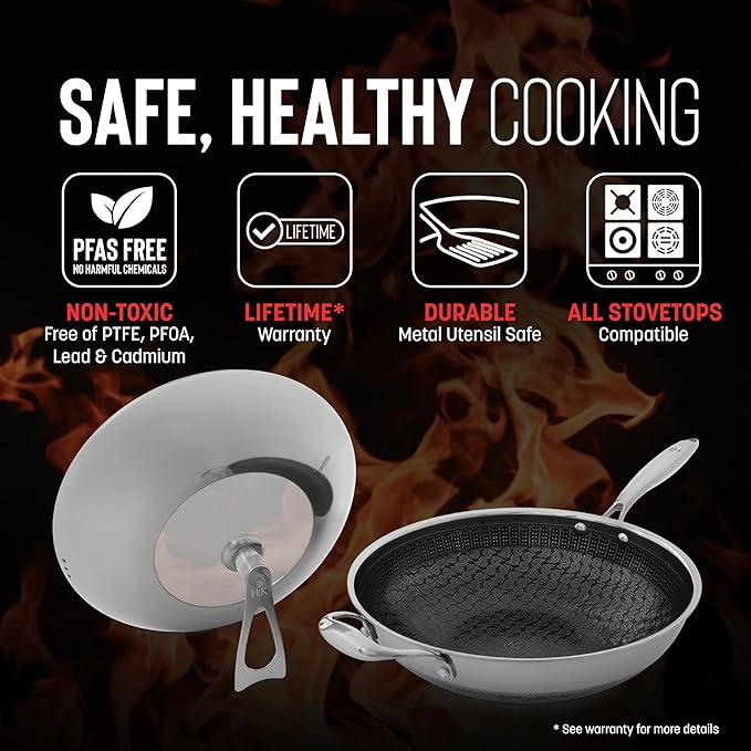 Hell's Kitchen Hybrid 12” Wok Pan, Tri-Clad Stainless Steel and Nonstick Ceramic, PFAS Free, no PFOA, no PTFE, no Teflon, Non Toxic Cookware, Metal Utensil Safe, All Cooktops and Oven Safe (Wok + Lid)