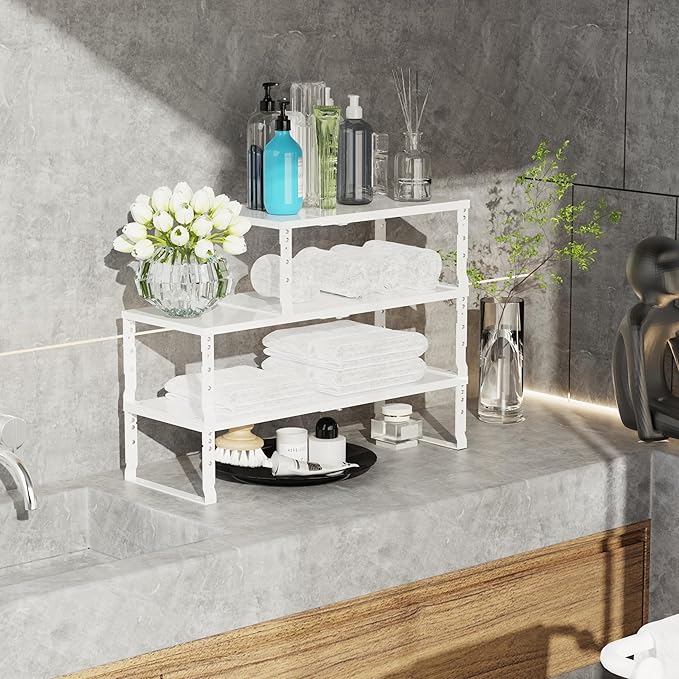 Expandable Stackable Spice Rack Organizer for Kitchen Cabinet,Adjustable Counter Shelf, countertop, Pantry,Cupboard,Bathroom,Bedroom(1Pack/White/Large)