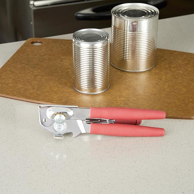 Restaurantware Stainless Steel Magnetic Manual Can Opener - 6 Pack - German Standard Red Crank Can Opener with Magnet, Ergonomic Handles, Non-Slip - Heavy-Duty Hand Can Opener, Easy Turn, Sharp Blade