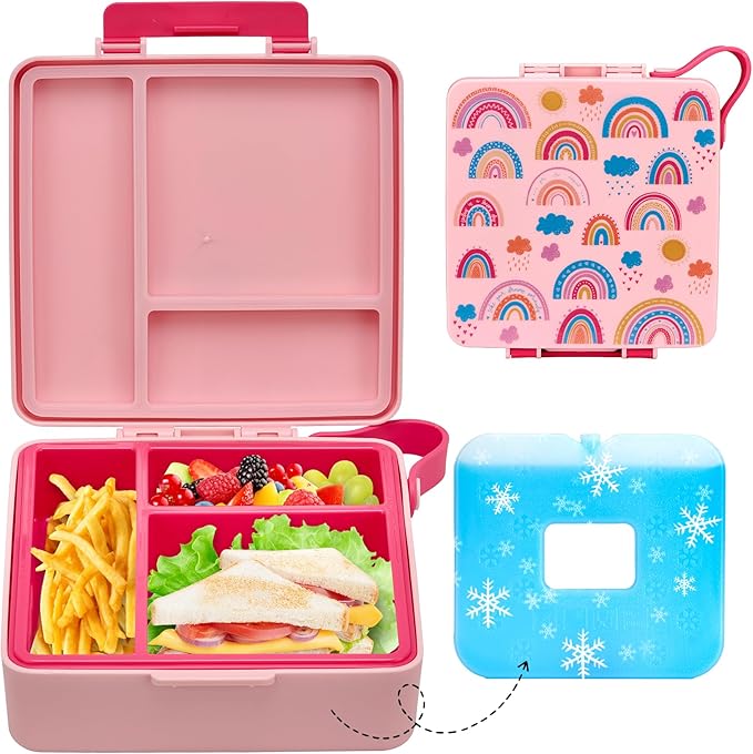 Chill Bento Lunch Box for Kids Adult with Ice Pack,Leak Proof 3 Compartments Lunch Container for Kids,Ice Pack Detachable Bento Box,BPA Free,Dishwasher & Microwave Safe-Rainbow
