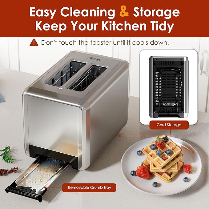 WHALL Full Touch Screen Toaster 2 Slice, 1.5'' Wide Slot Stainless Steel Toaster with Digital Timer, 6 Bread Types & 6 Shade Settings, Crumb Tray, Reheat/Defrost, Smart Toasters for Breads, Bagels
