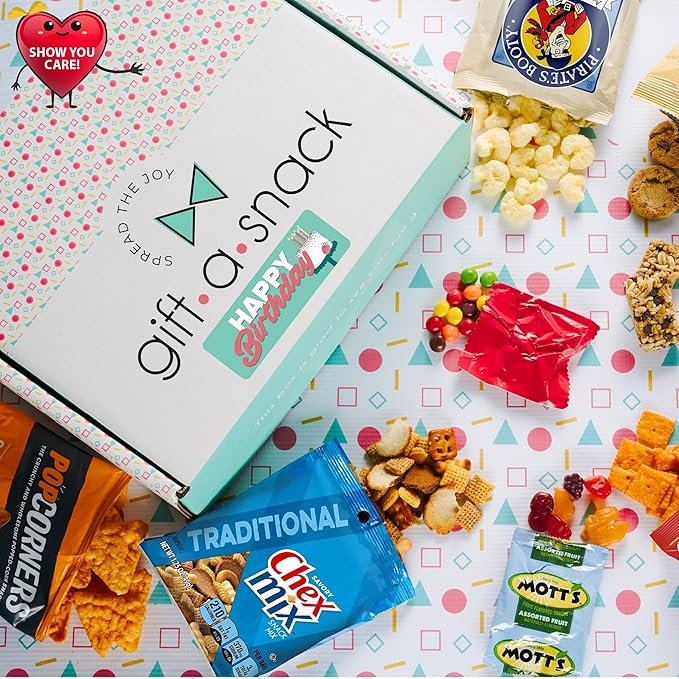 Gift A Snack - Happy Birthday Snack Box Variety Pack Care Package + Greeting Card (60 Count) Bday Sweet Treats Gift Basket, Candies Chips Crackers Bars - Food Assortments Assortments & Variety Gifts