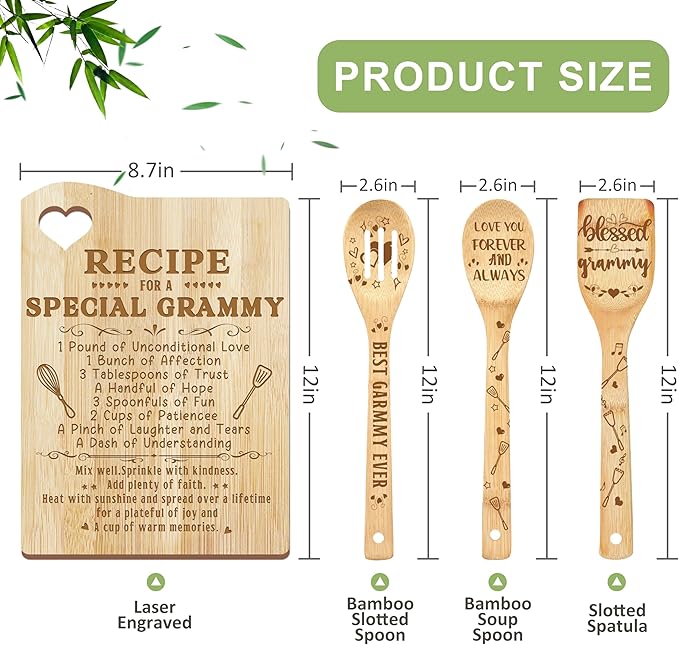 Christmas Grammy Gifts, Gifts for Grammy for Grandma Wooden Cutting Board with Cooking Utensils Set with Apron from Grandkids Kitchen Set