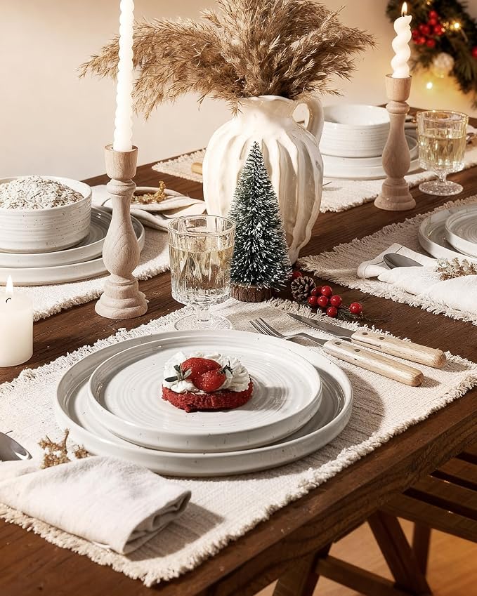 Stoneware Dinnerware Dishes Set for 8, 24 Pieces Spiral Plates and Bowls Sets with Straight Rim, Speckles & Reactive Glaze - Microwave and Dishwasher Safe, White