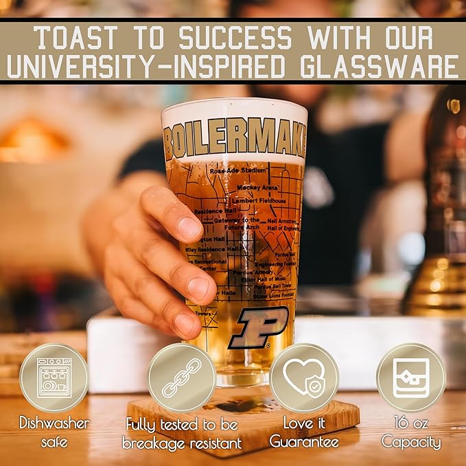 Greenline Goods – University of Purdue Boilermakers College Pint Beer Glasses (Set of 2), 16 oz – Full-Color Logo + Campus Map