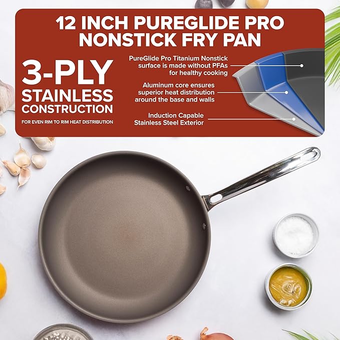 Viking PureGlide Pro 3-Ply Nonstick Frying Pan, Made without PFAS, 12-Inch Induction Cookware, Metal Utensil Safe Titanium Nonstick Surface, Oven Safe to 600F