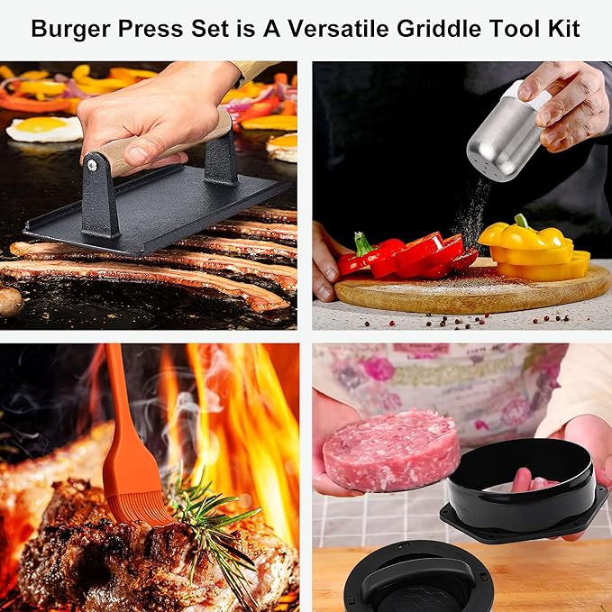 POLIGO 5PCS Smash Burger Press Kit - 4 in 1 Hamburger Patty Storage Containers,7.68"X4.1" Rectangle Cast Iron Smash Bacon Press- Non Stick Smash Burger Press Set for Grill and Griddle Cooking