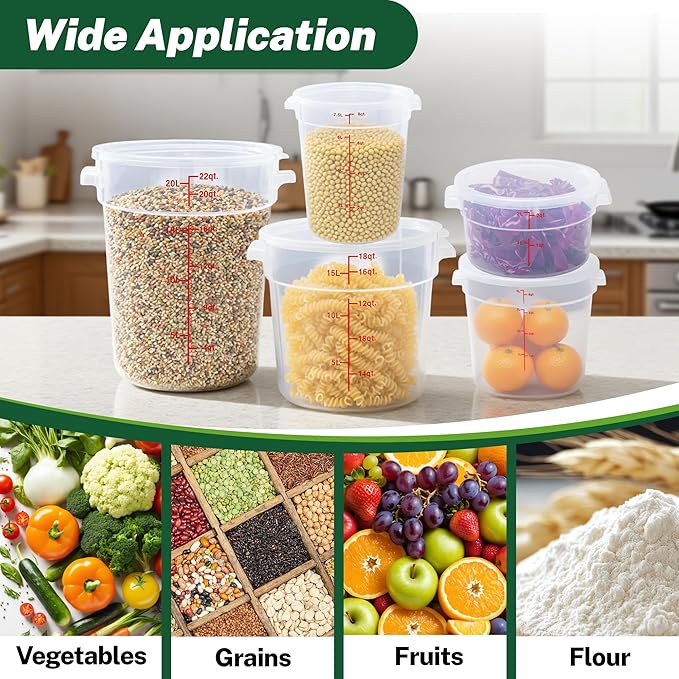 Round Food Storage Container with Lid, 2 Qt Translucent, Commercial 4 Pack of – NSF Listed, BPA-Free, Polypropylene, Non-Stick, Scale, with Labels & Measuring Cups