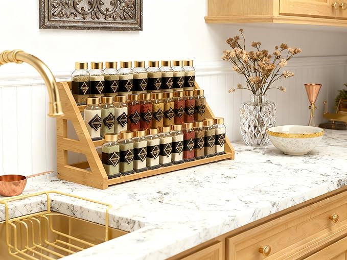 Bamboo Spice Rack: Large Spice Shelf for Kitchen Countertop Pantry Cabinet Organizer, Holds 24 Spice Jars (2.1")