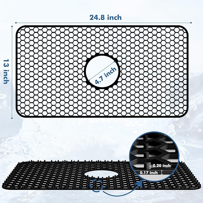 Silicone Sink Mat - 24.8''x13'' Sink Protector for Kitchen Sink with Center Drain - Kitchen Grid Accessory, Non-slip Heat Resistant Mat for Bottom of Farmhouse Stainless Steel (Center Hole)