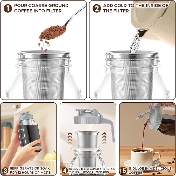 2 Pack 64 oz Cold Brew Coffee Maker Jar - Thick Glass Cold Brew Maker with Handle, Stainless Steel Filter & Leak-Proof Lid, Cold Brew Pitcher for Iced Coffee,Tea and Milk (2 Quart / 1.9 Liter)