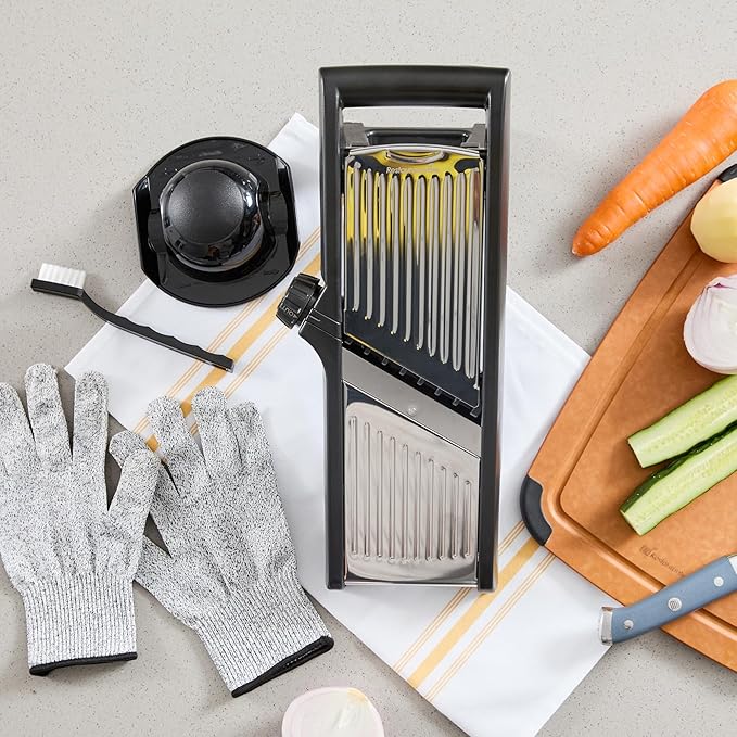 Restaurantware Stainless Steel Adjustable Mandoline Slicer - German Standard Vegetable Slicer with Blade Guard, Includes Cut-Resistant Gloves - Food Slicer for Potato, Onions, Cucumbers, Tomato
