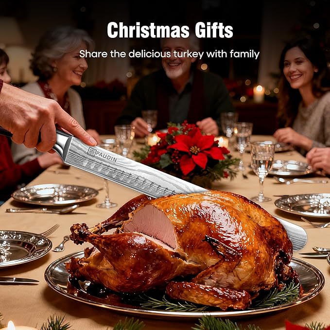 PAUDIN Brisket Knife, 12 Inch Carving Knife Stainless Steel Brisket Slicing Knifes with Granton Edge for Meat Cutting, Roasts, BBQ, Turkey