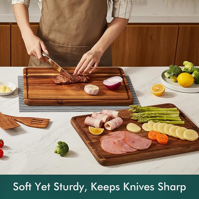 CHOSIN Wood Cutting Board, Acacia Chopping Board with Juice Groove - 16"x12" Cutting Board with Wooden Spatula Set for Kitchen and House Warming Gift