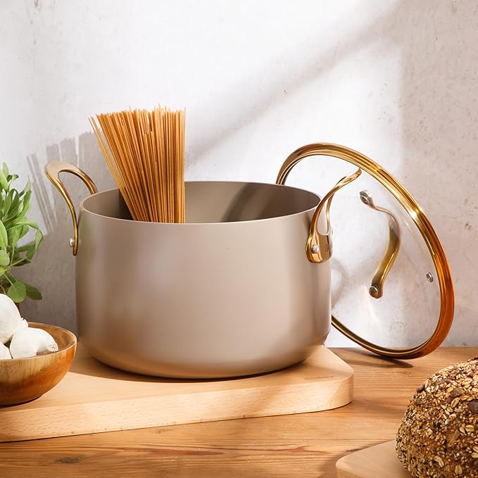 Bloomhouse - Two Time Oprah's Favorite Things Winner - 8 Quart Stock Pot w/Lid – PFAS-Free Ceramic Nonstick Dutch Oven Heavy Duty Aluminum Oven Safe Dishwasher Safe Cappuccino Cream w/Gold Handles