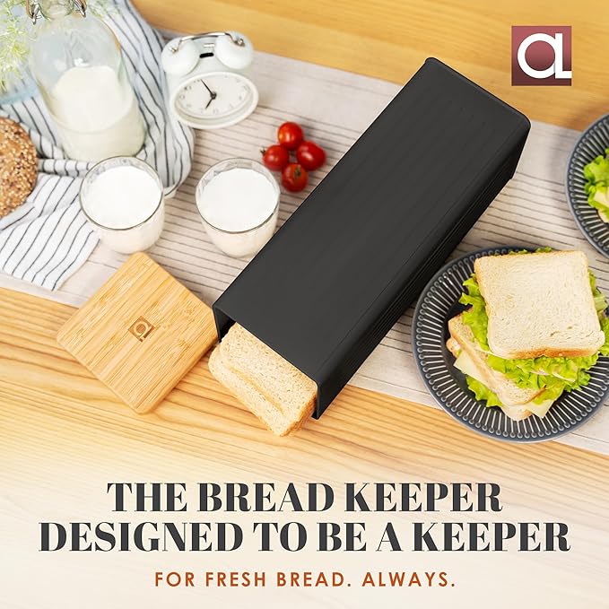 Apace Living FRESHSLICE Bread Container 2.0 | Bread Keeper with Airtight Lid | Metal Bread Box with Bamboo Lid for Homemade Bread, 5 Liter (Classic Black)