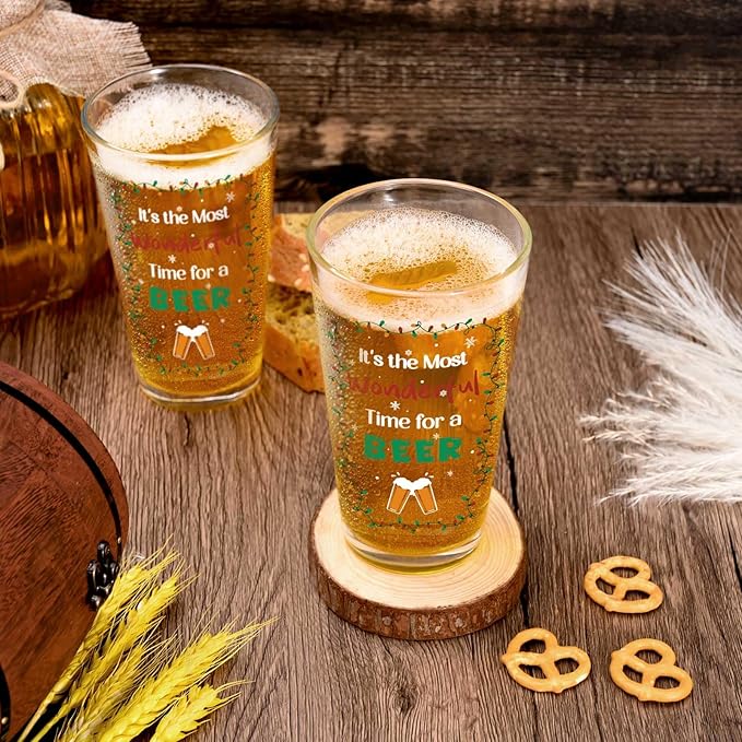 Futtumy It's the Most Wonderful Time for a Beer Glass, 17 OZ Beer Pint Glass, Funny Gifts for Men Beers Lovers Dad Father, Christmas Gifts for Men Women, Christmas Beers Glass for Xmas Party Birthday