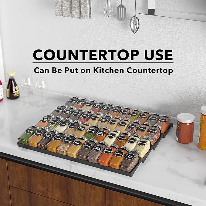 SpaceAid Spice Drawer Organizer with 44 Spice Jars, 386 Spice Labels, 4 Tier Seasoning Rack Tray Insert for Kitchen Drawers, 20.25" Wide x 17.5" Deep